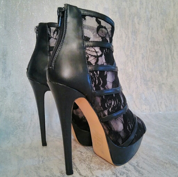 PAPER FOX 6.5 BLACK SHEER LACE & SOLID ANKLE BOOTIE PLATFORM HEELS holiday party - Picture 5 of 13
